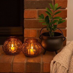 Vintage Pair Halloween Caged Glass Pumpkin Jack-O-Lantern Artland Iron Face